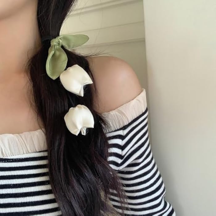 TUCEWP Flower Hair Ties for Women Girls Tassel Ribbon Tulip Elastic Hair Band for Thick Hair White Elegant Floral Hair Scrunchies Soft Cute Stretchy Hair Rope Ponytail Holders Sweet Hair Accessories - Image 3